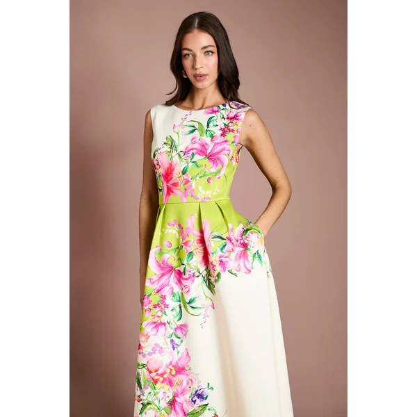 Robe Ajustée Évasée En Scuba À Imprimé Floral Placé
