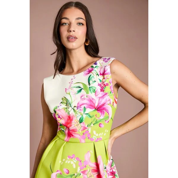 Robe Ajustée Évasée En Scuba À Imprimé Floral Placé