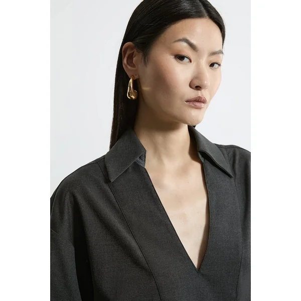 Robe Chemise Midi Cintrée À Manches Larges