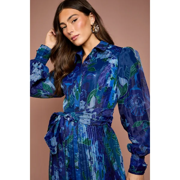 Robe Chemise Mi-Longue Plissée en Organza Floral