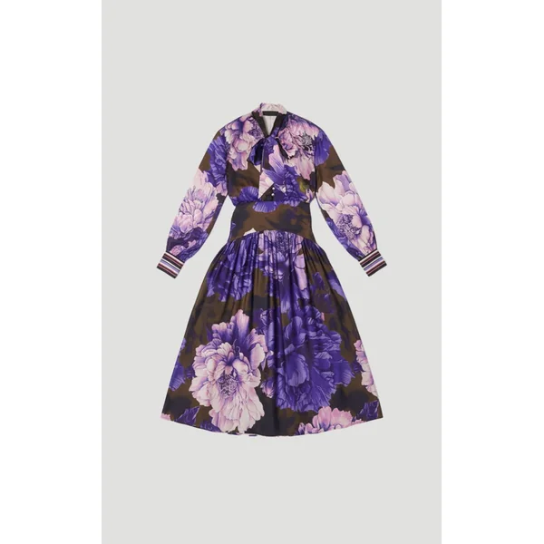 Robe Chemise Tissée à Col en Satin Martelé à Imprimé Floral