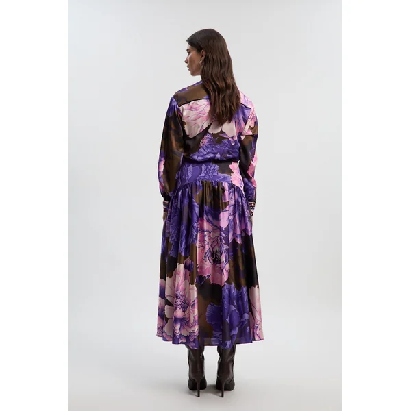 Robe Chemise Tissée à Col en Satin Martelé à Imprimé Floral