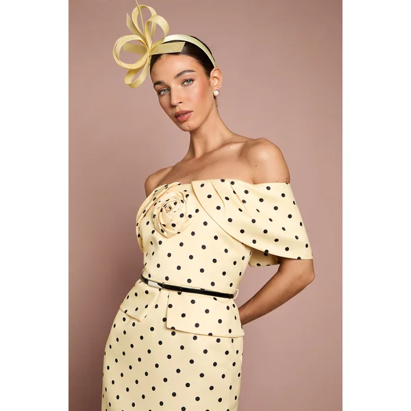 Robe Crayon Lisa Tan À Imprimé Pois Avec Corsage Et Épaules Dénudées