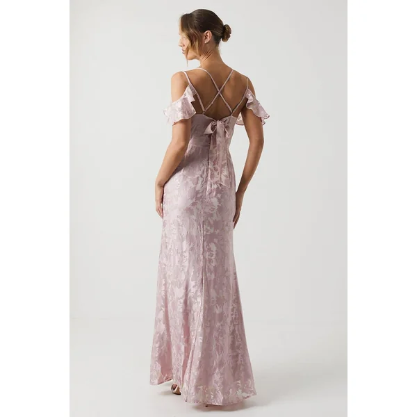Robe de Demoiselle d'Honneur en Satin Dévoré à Col Bénitier et Manches Drapées