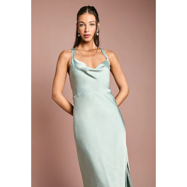 Robe de Demoiselle d'Honneur en Satin à Bretelles Croisées et Dos Noué