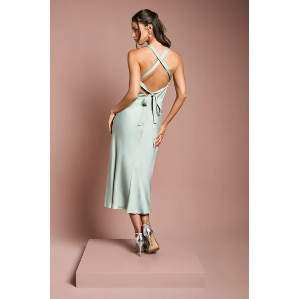Robe de Demoiselle d'Honneur en Satin à Bretelles Croisées et Dos Noué