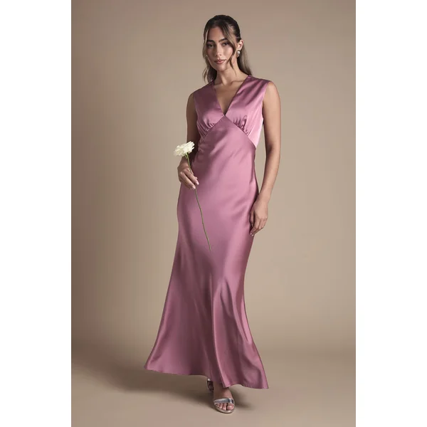 Robe De Demoiselle D'honneur Longue En Satin Rose Avec Dos Ouvert