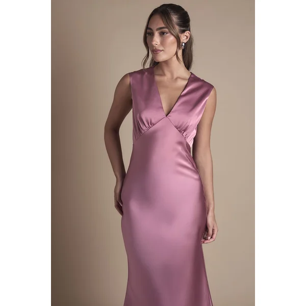 Robe De Demoiselle D'honneur Longue En Satin Rose Avec Dos Ouvert