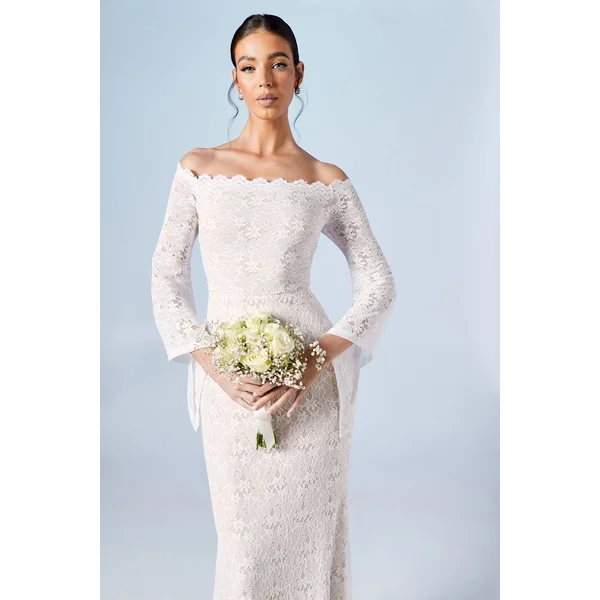 Robe de Mariée Coast Honoured Bardot Boho en Dentelle à Queue de Sirène