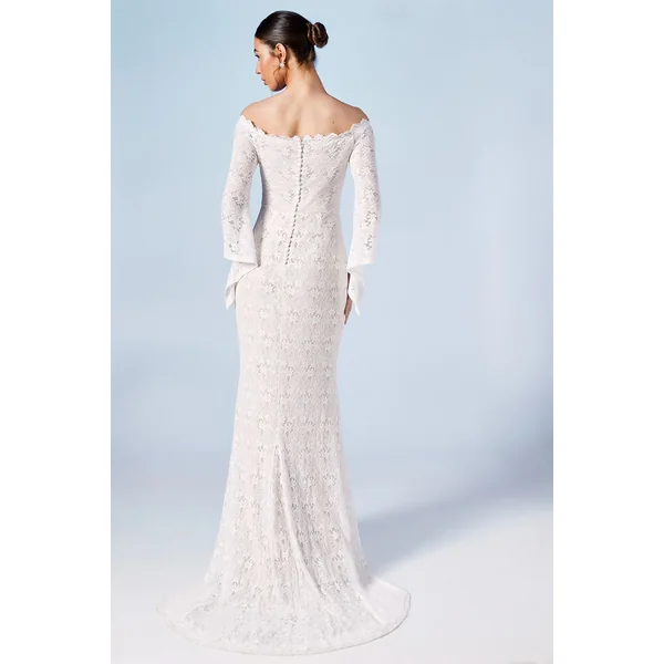 Robe de Mariée Coast Honoured Bardot Boho en Dentelle à Queue de Sirène