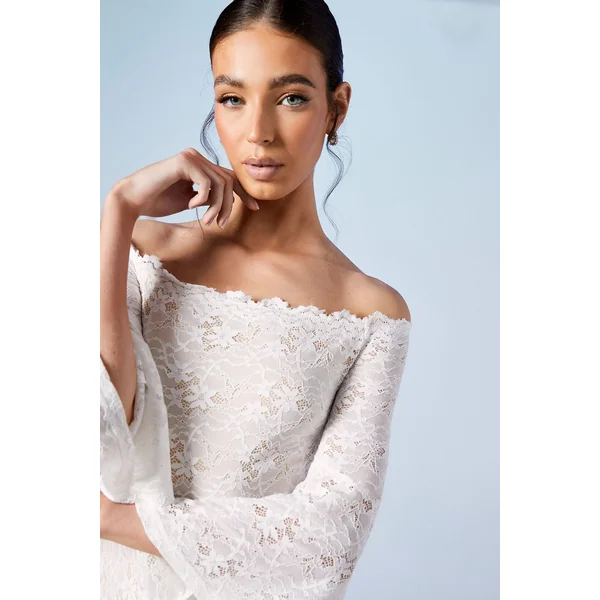 Robe de Mariée Coast Honoured Bardot Boho en Dentelle à Queue de Sirène