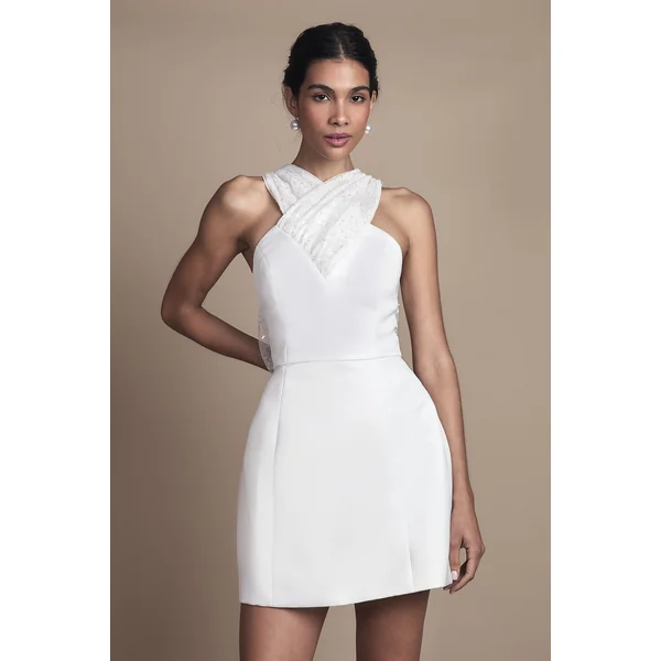 Robe de Mariée Mini à Col Halter avec Nœud Statement au Dos