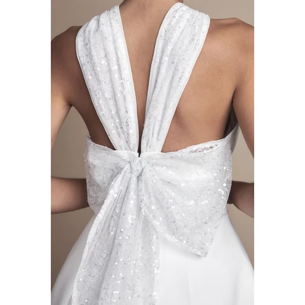 Robe de Mariée Mini à Col Halter avec Nœud Statement au Dos