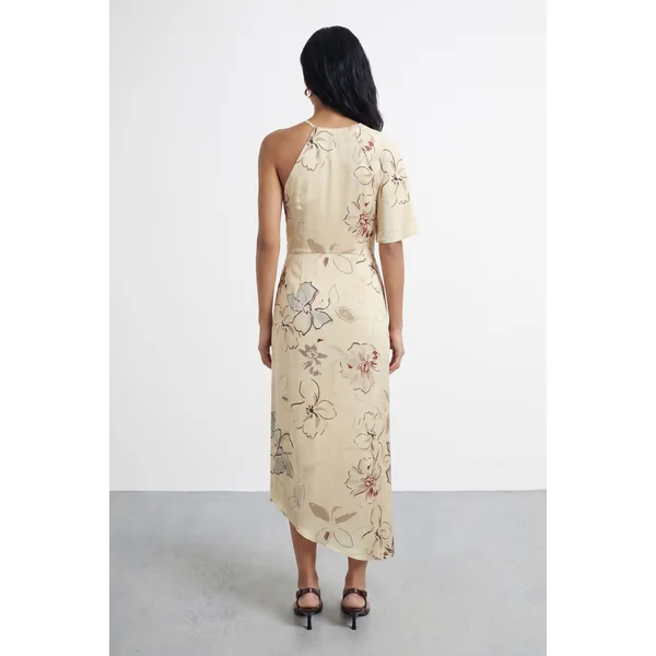 Robe Longue Asymétrique À Imprimé Floral Avec Manche Unique Et Découpe Goutte D'eau