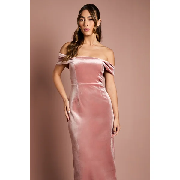 Robe Longue de Demoiselle d'Honneur Bardot en Velours Coupe Droite