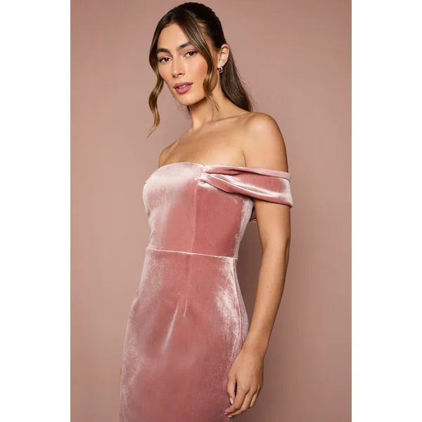 Robe Longue de Demoiselle d'Honneur Bardot en Velours Coupe Droite