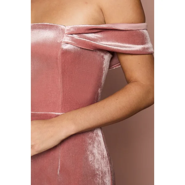 Robe Longue de Demoiselle d'Honneur Bardot en Velours Coupe Droite