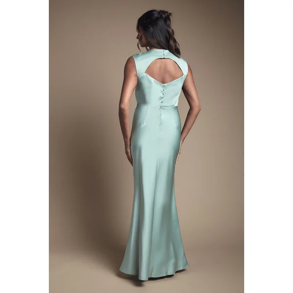 Robe Longue De Demoiselle D'honneur En Satin Sauge Avec Détail Dos Ouvert