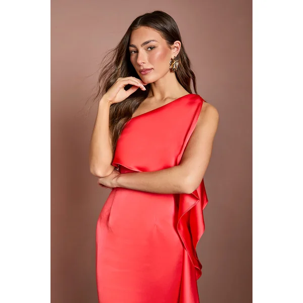 Robe Longue En Satin À Une Épaule Effet Cascade