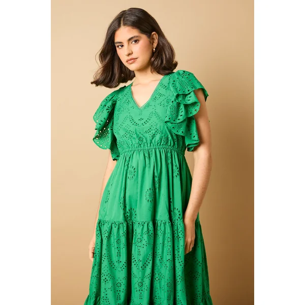 Robe Longue Petite à Broderie Anglaise Col V et Manches Papillon