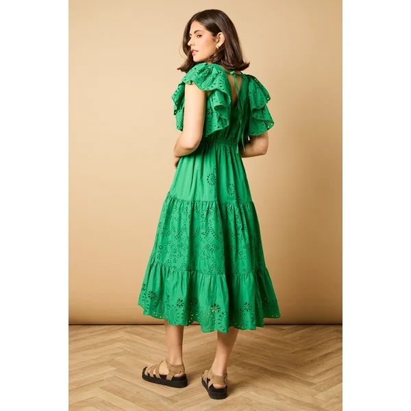 Robe Longue Petite à Broderie Anglaise Col V et Manches Papillon