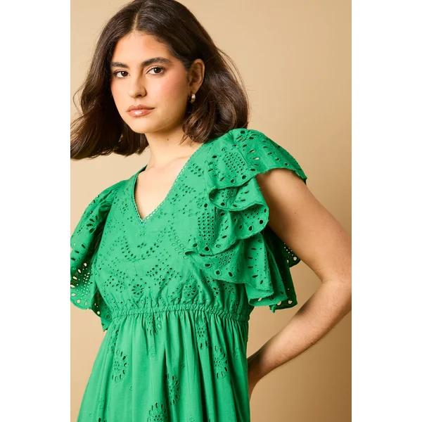 Robe Longue Petite à Broderie Anglaise Col V et Manches Papillon