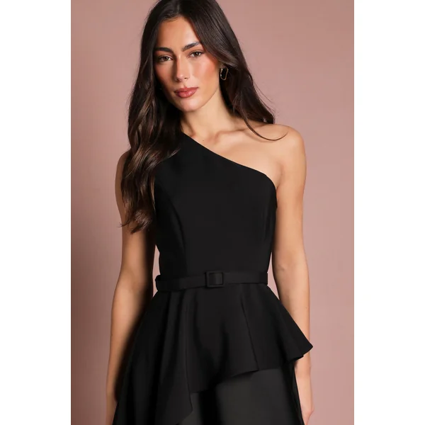 Robe Longue Satinée À Une Épaule Avec Détail Volant