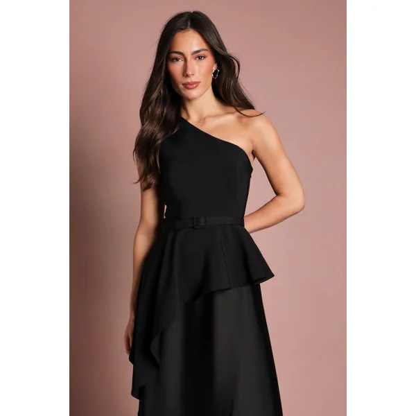 Robe Longue Satinée À Une Épaule Avec Détail Volant