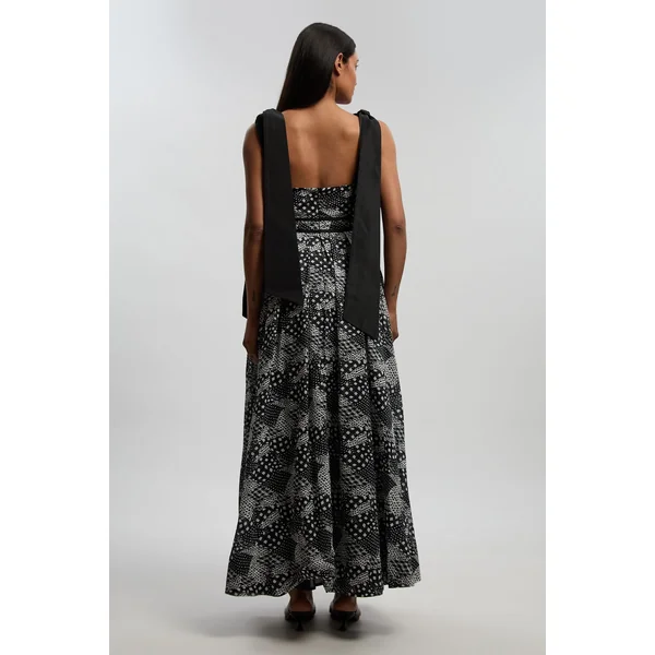 Robe Longue À Bretelles En Coton Et Soie Tissé Motif Géométrique Monochrome