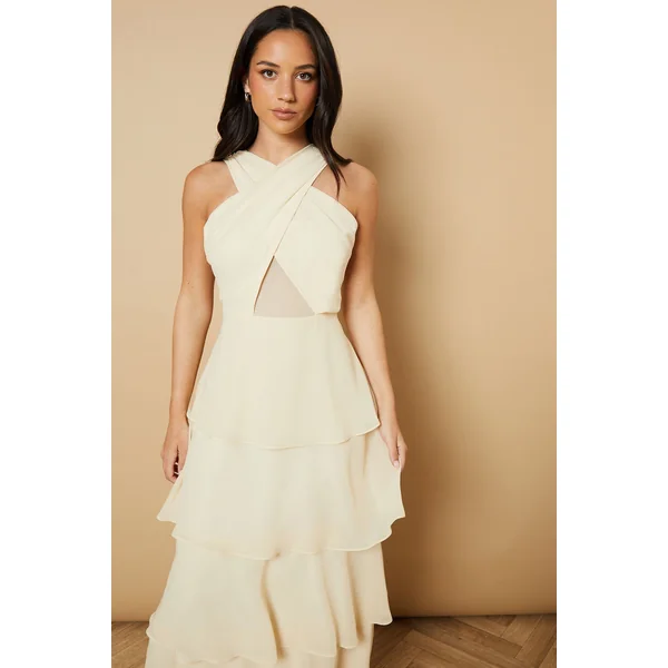 Robe Longue à Col Halter en Mousseline à Volants