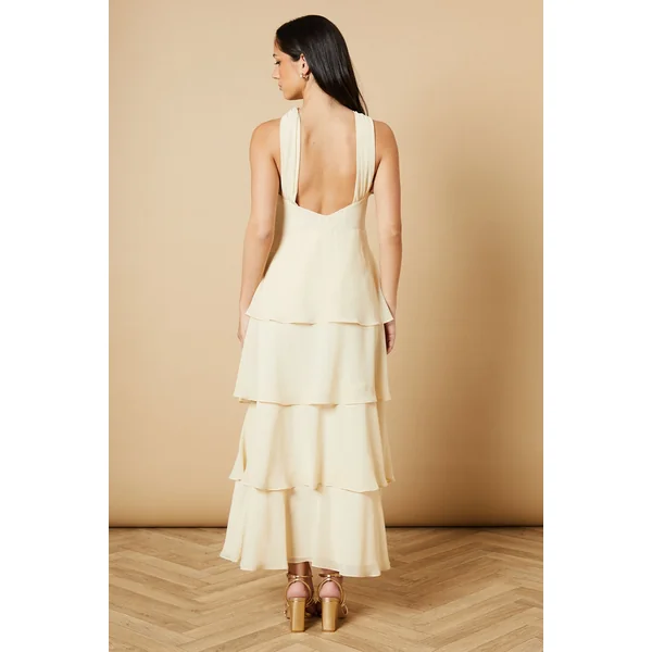 Robe Longue à Col Halter en Mousseline à Volants