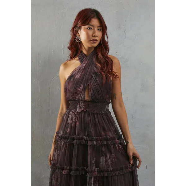 Robe Longue à Dos Nu en Tulle Fleuri avec Taille Froncée