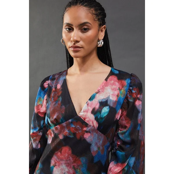 Robe Longue à Décolleté Plongeant et Manches Froncées à Rayures Métallisées
