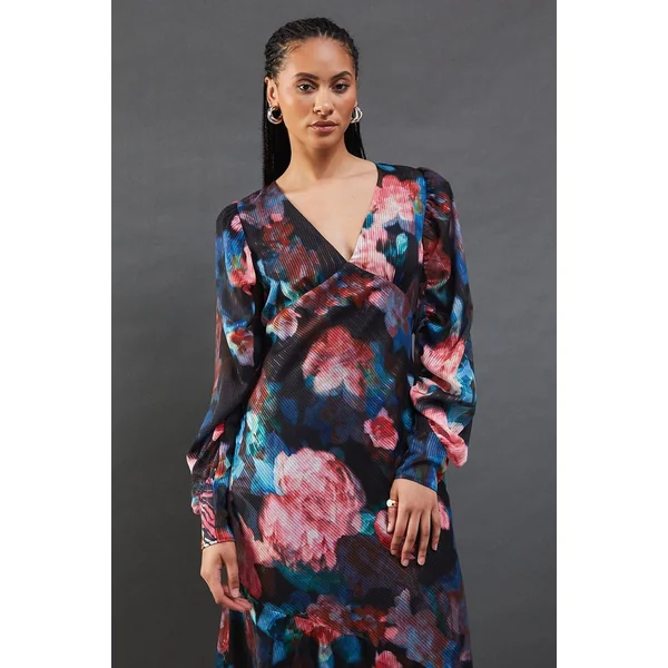 Robe Longue à Décolleté Plongeant et Manches Froncées à Rayures Métallisées