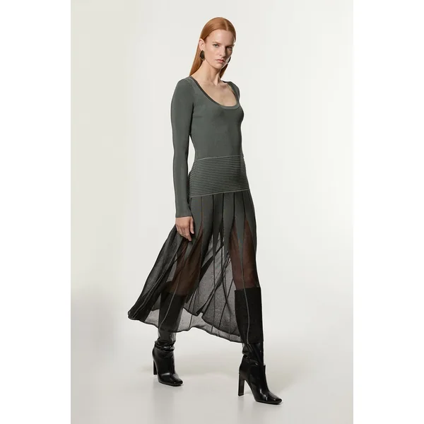 Robe Maxi en Maille Slinky à Encolure Scoop et Détails en Voile