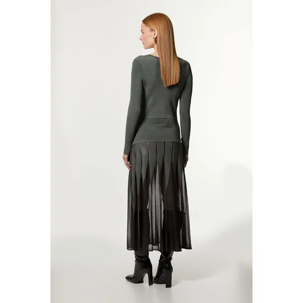 Robe Maxi en Maille Slinky à Encolure Scoop et Détails en Voile