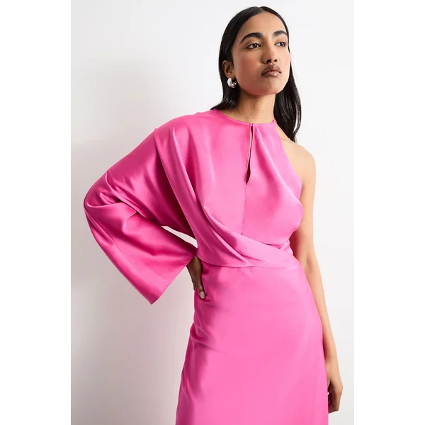 Robe Maxi en Satin à Une Épaule avec Torsade et Découpe Keyhole