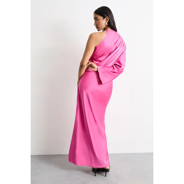 Robe Maxi en Satin à Une Épaule avec Torsade et Découpe Keyhole