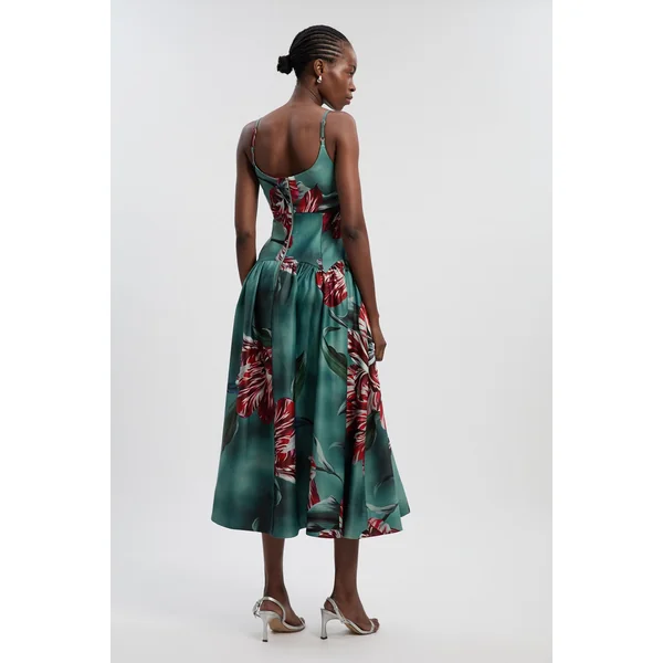 Robe Maxi à Taille Basse en Satin Épais à Imprimé Floral Photographique