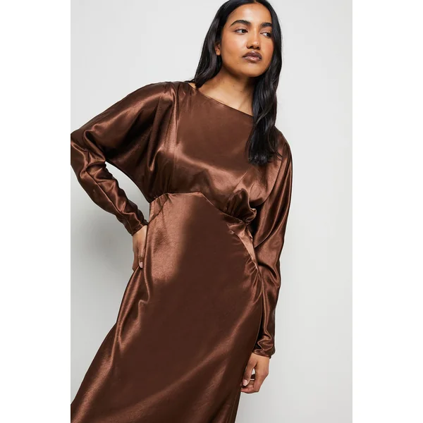 Robe Midaxi Drapée en Satin à Manches Chauve-Souris