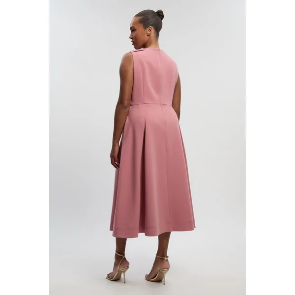 Robe Midi Ajustée Grande Taille en Stretch Compact avec Détail Nœud Papillon au Col