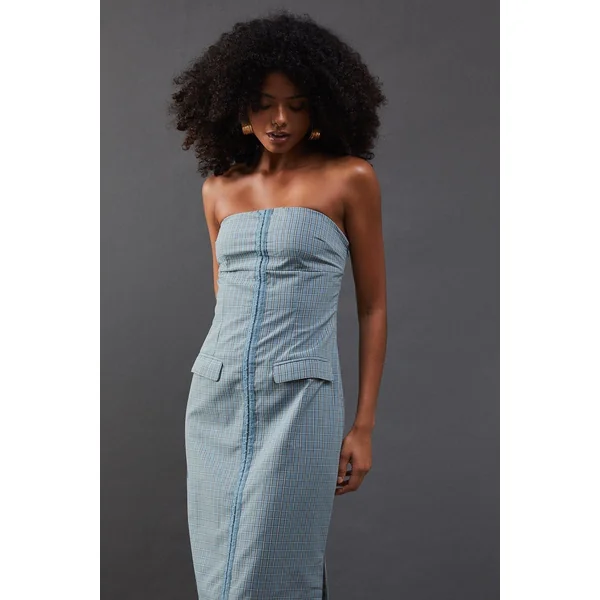 Robe Midi Bandeau Ajustée à Carreaux avec Agrafes
