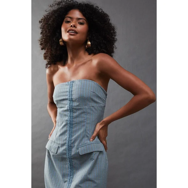 Robe Midi Bandeau Ajustée à Carreaux avec Agrafes