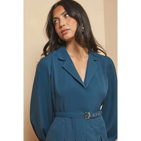 Robe Midi Ceinturée à Col en Crêpe