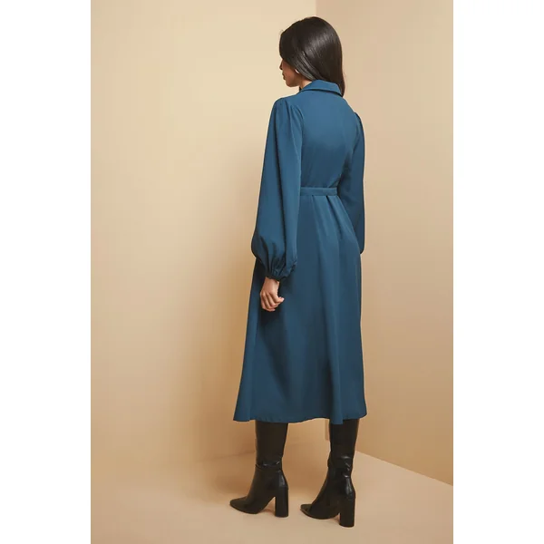 Robe Midi Ceinturée à Col en Crêpe