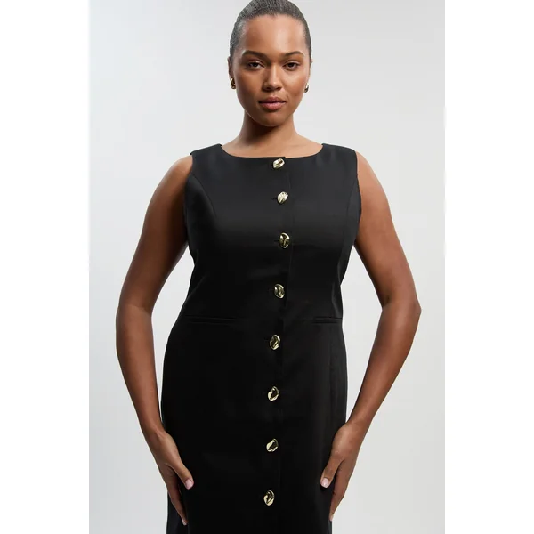 Robe Midi Crayon Grande Taille En Lin Ajusté Avec Boutons Décoratifs Devant