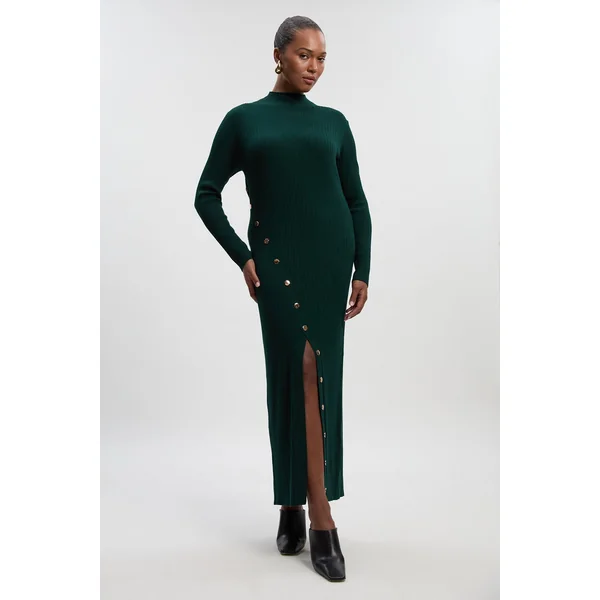Robe Midi en Maille Mélange Viscose Taille Plus avec Détail Pressions et Fente