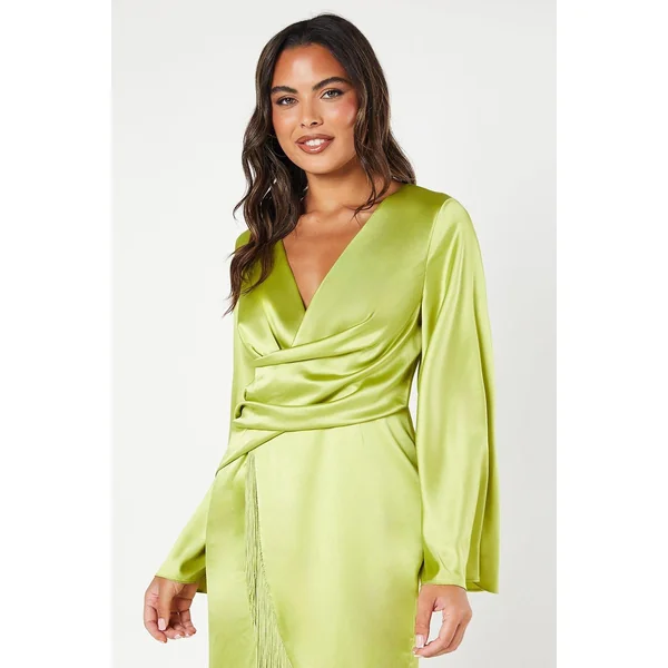 Robe Midi en Satin à Taille Nouée et Ourlet à Franges