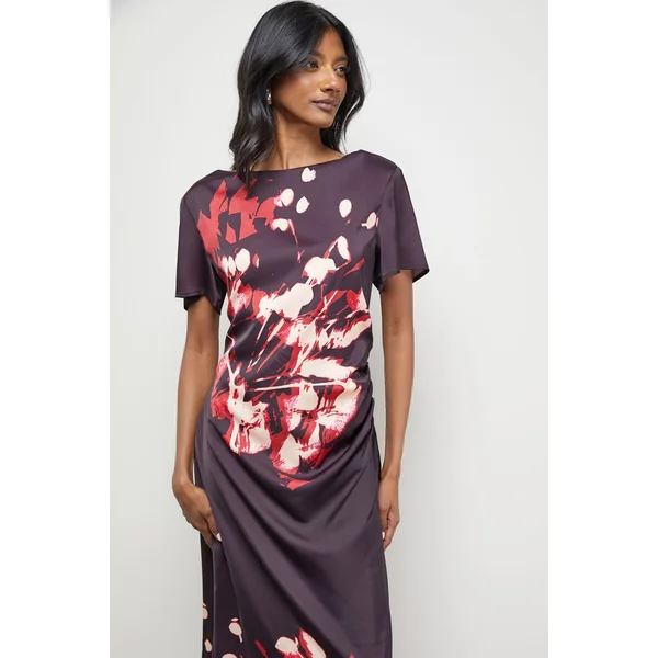 Robe Midi Froncée en Satin Froissé à Imprimé Placé