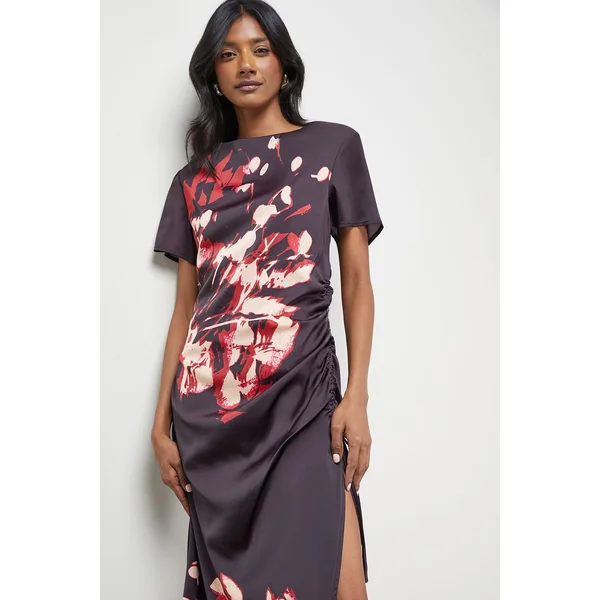 Robe Midi Froncée en Satin Froissé à Imprimé Placé